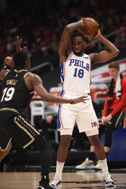 Shake Milton of the Philadelphia 76ers handles the ball against the Atlanta Hawks during Round 2, Game 4 of the Eastern Conference Playoffs on June...