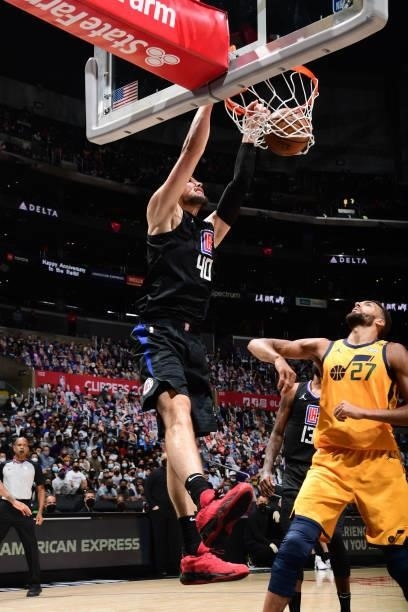 Ivica Zubac of the LA Clippers dunks the ball against the Utah Jazz during Round 2, Game 4 of 2021 NBA Playoffs on June 14, 2021 at STAPLES Center in...