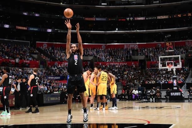 Kawhi Leonard of the LA Clippers shoots a free throw during Round 2, Game 4 of 2021 NBA Playoffs on June 14, 2021 at STAPLES Center in Los Angeles,...