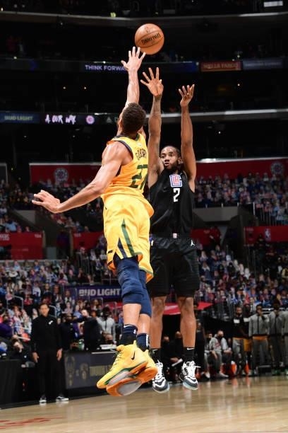 Kawhi Leonard of the LA Clippers shoots the ball against the Utah Jazz during Round 2, Game 4 of 2021 NBA Playoffs on June 14, 2021 at STAPLES Center...