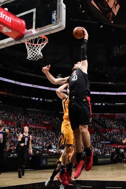 Ivica Zubac of the LA Clippers drives to the basket against the Utah Jazz during Round 2, Game 4 of 2021 NBA Playoffs on June 14, 2021 at STAPLES...