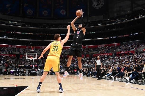 Marcus Morris Sr. #8 of the LA Clippers shoots the ball against the Utah Jazz during Round 2, Game 4 of 2021 NBA Playoffs on June 14, 2021 at STAPLES...