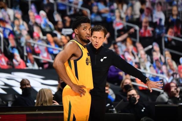 Head Coach Quin Snyder of the Utah Jazz talks with Donovan Mitchell during Round 2, Game 4 of 2021 NBA Playoffs on June 14, 2021 at STAPLES Center in...