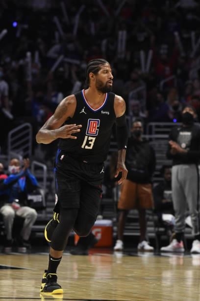 Paul George of the LA Clippers celebrates against the Utah Jazz during Round 2, Game 4 of the 2021 NBA Playoffs on June 14, 2021 at STAPLES Center in...