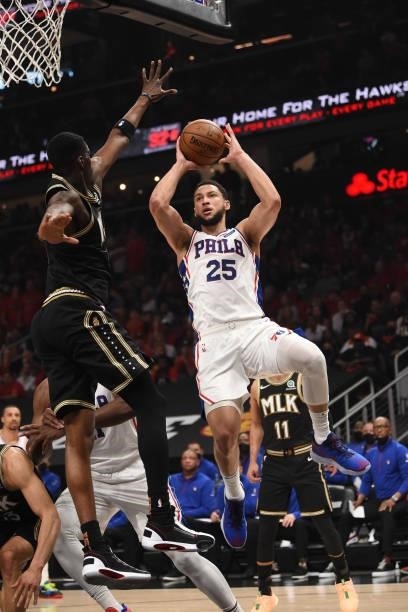 Ben Simmons of the Philadelphia 76ers shoots the ball against the Atlanta Hawks during Round 2, Game 4 of the Eastern Conference Playoffs on June 14,...