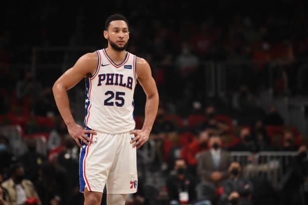 Ben Simmons of the Philadelphia 76ers looks on during a game against the Atlanta Hawks during Round 2, Game 4 of the Eastern Conference Playoffs on...
