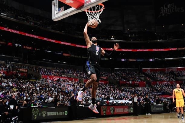 Marcus Morris Sr. #8 of the LA Clippers dunks the ball against the Utah Jazz during Round 2, Game 4 of 2021 NBA Playoffs on June 14, 2021 at STAPLES...