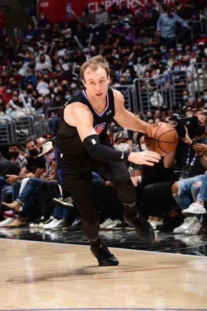 Luke Kennard of the LA Clippers dribbles the ball during Round 2, Game 4 of 2021 NBA Playoffs on June 14, 2021 at STAPLES Center in Los Angeles,...