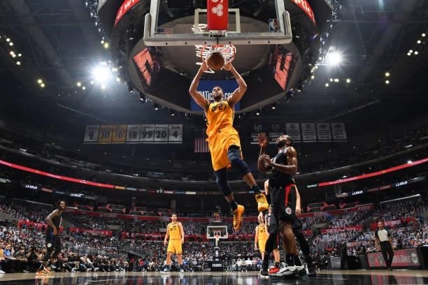 Rudy Gobert of the Utah Jazz dunks the ball against the LA Clippers during Round 2, Game 4 of 2021 NBA Playoffs on June 14, 2021 at STAPLES Center in...