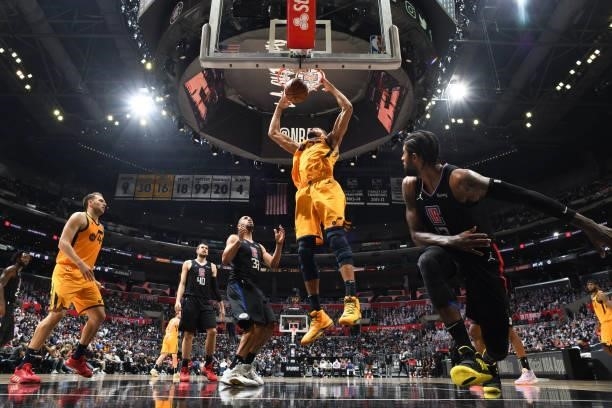 Rudy Gobert of the Utah Jazz dunks the ball against the LA Clippers during Round 2, Game 4 of 2021 NBA Playoffs on June 14, 2021 at STAPLES Center in...