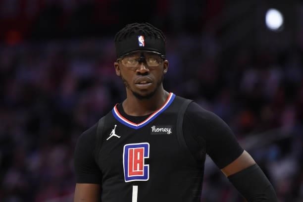 Reggie Jackson of the LA Clippers looks on against the Utah Jazz during Round 2, Game 4 of the 2021 NBA Playoffs on June 14, 2021 at STAPLES Center...