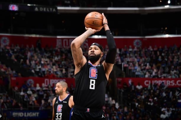 Marcus Morris Sr. #8 of the LA Clippers shoots a free throw during Round 2, Game 4 of 2021 NBA Playoffs on June 14, 2021 at STAPLES Center in Los...