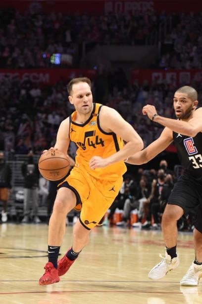 Bojan Bogdanovic of the Utah Jazz drives to the basket against the LA Clippers during Round 2, Game 4 of the 2021 NBA Playoffs on June 14, 2021 at...