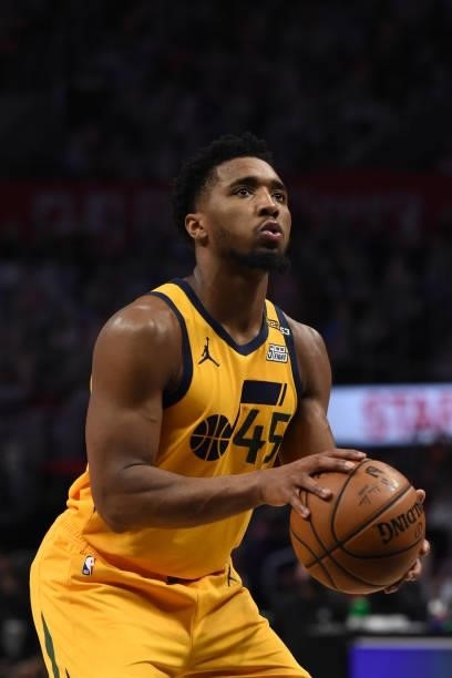 Donovan Mitchell of the Utah Jazz shoots a free throw against the LA Clippers during Round 2, Game 4 of the 2021 NBA Playoffs on June 14, 2021 at...