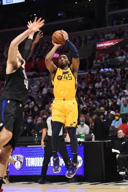 Donovan Mitchell of the Utah Jazz shoots a three point basket against the LA Clippers during Round 2, Game 4 of the 2021 NBA Playoffs on June 14,...