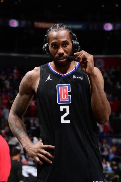 Kawhi Leonard of the LA Clippers is interviewed after the game against the Utah Jazz during Round 2, Game 4 of 2021 NBA Playoffs on June 14, 2021 at...