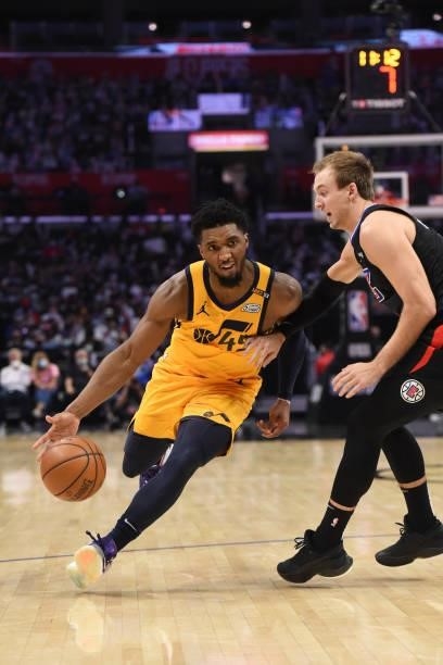 Donovan Mitchell of the Utah Jazz drives to the basket against the LA Clippers during Round 2, Game 4 of the 2021 NBA Playoffs on June 14, 2021 at...