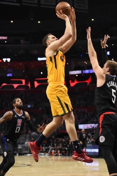 Bojan Bogdanovic of the Utah Jazz shoots the ball against the LA Clippers during Round 2, Game 4 of the 2021 NBA Playoffs on June 14, 2021 at STAPLES...
