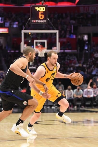 Joe Ingles of the Utah Jazz drives to the basket against the LA Clippers during Round 2, Game 4 of the 2021 NBA Playoffs on June 14, 2021 at STAPLES...