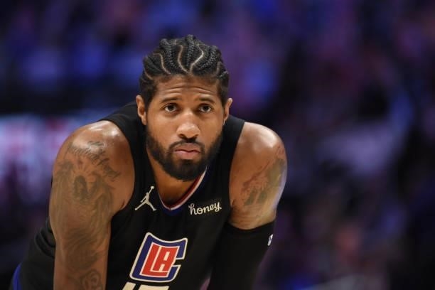 Paul George of the LA Clippers looks on during Round 2, Game 4 of the 2021 NBA Playoffs on June 14, 2021 at STAPLES Center in Los Angeles,...