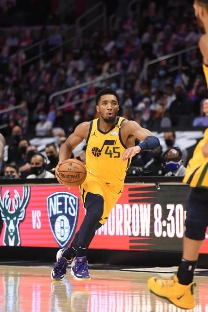 Donovan Mitchell of the Utah Jazz dribbles the ball against the LA Clippers during Round 2, Game 4 of the 2021 NBA Playoffs on June 14, 2021 at...
