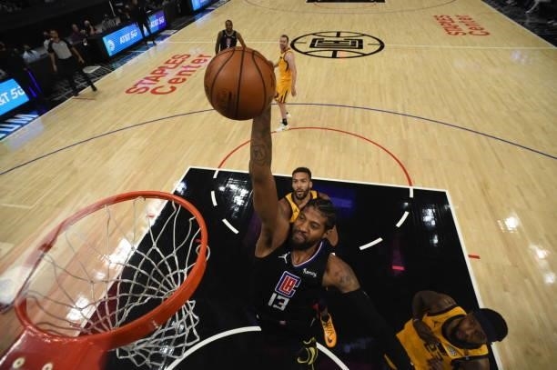 Paul George of the LA Clippers dunks the ball against the Utah Jazz during Round 2, Game 4 of the 2021 NBA Playoffs on June 14, 2021 at STAPLES...