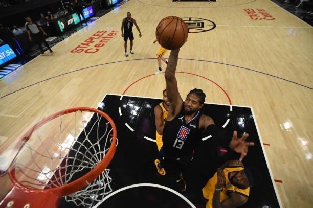 Paul George of the LA Clippers dunks the ball against the Utah Jazz during Round 2, Game 4 of the 2021 NBA Playoffs on June 14, 2021 at STAPLES...