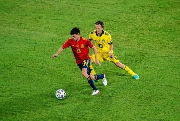 Pedri and Kristoffer Olsson during the match between Spain and Sweden, corresponding to the Euro 2020, Group E, played at the La Cartuja Stadium, on...