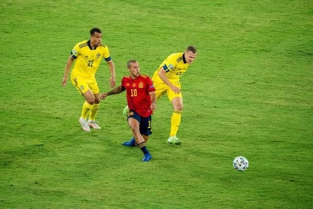 Thiago Alcantara and Robin Quaison during the match between Spain and Sweden, corresponding to the Euro 2020, Group E, played at the La Cartuja...