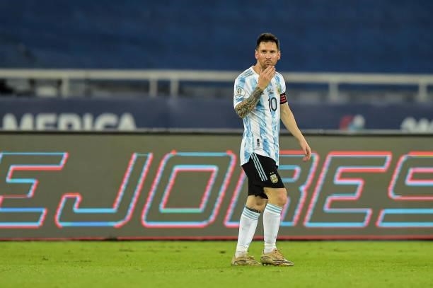 Messi Argentina player celebrates his goal during a match against Chile at the Engenhão stadium for the Copa America 2021, on June 14, 2021 in Rio de...