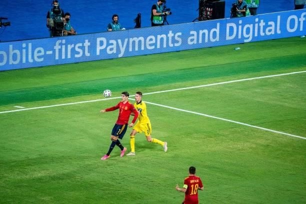 Alvaro Morata and Mikael Lustig during the match between Spain and Sweden, corresponding to the Euro 2020, Group E, played at the La Cartuja Stadium,...