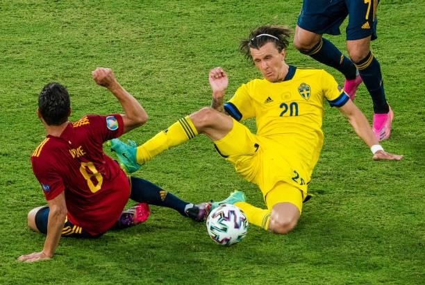 Koke and Kristoffer Olsson during the match between Spain and Sweden, corresponding to the Euro 2020, Group E, played at the La Cartuja Stadium, on...