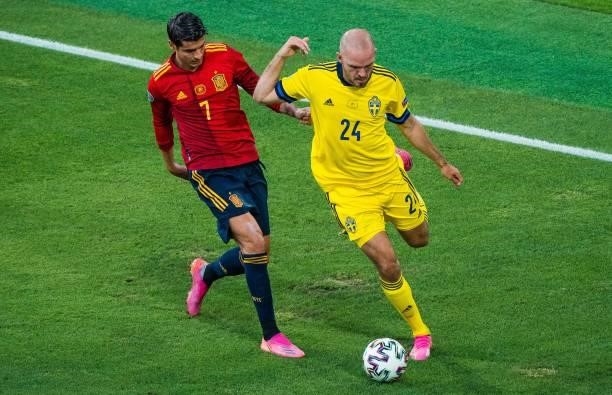 Alvaro Morata and Marcus Danielson during the match between Spain and Sweden, corresponding to the Euro 2020, Group E, played at the La Cartuja...