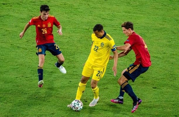 Robin Quaison, Pedri and Pau Torres during the match between Spain and Sweden, corresponding to the Euro 2020, Group E, played at the La Cartuja...