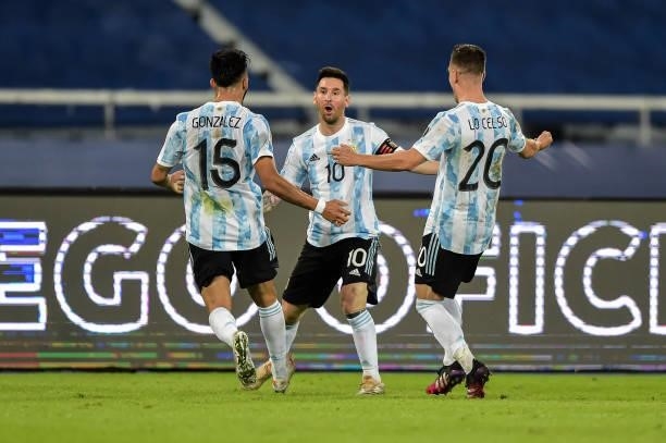 Messi Argentina player celebrates his goal during a match against Chile at the Engenhão stadium for the Copa America 2021, on June 14, 2021 in Rio de...