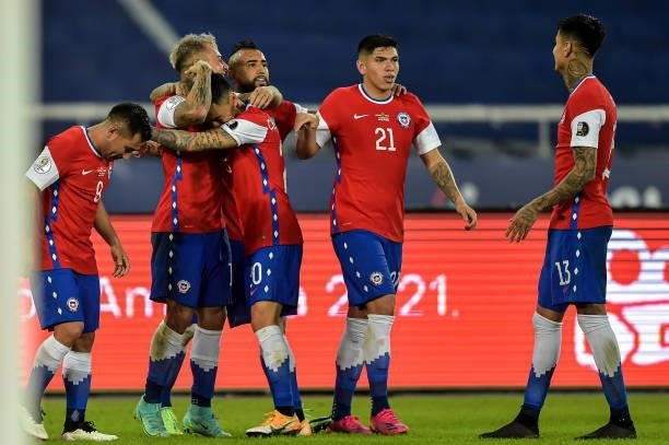 Vargas Chilean player celebrates his goal during the match against Argentina at the Engenhão stadium, for the Copa America 2021, on June 14, 2021 in...