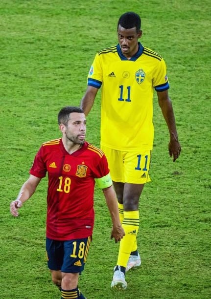 Jordi Alba and Alexander Isak during the match between Spain and Sweden, corresponding to the Euro 2020, Group E, played at the La Cartuja Stadium,...