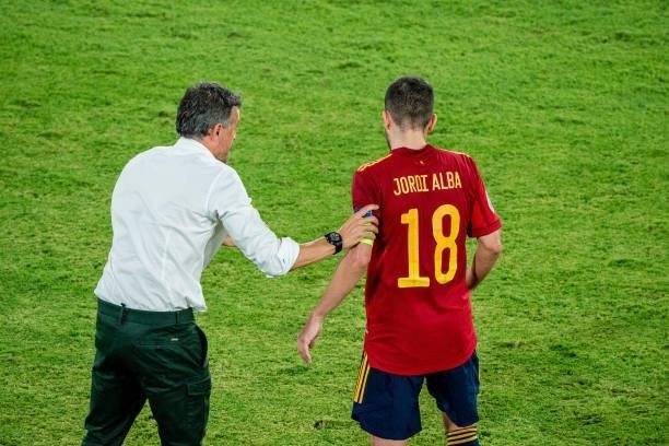 Julio Alberto Martinez and Jordi Alba during the match between Spain and Sweden, corresponding to the Euro 2020, Group E, played at the La Cartuja...