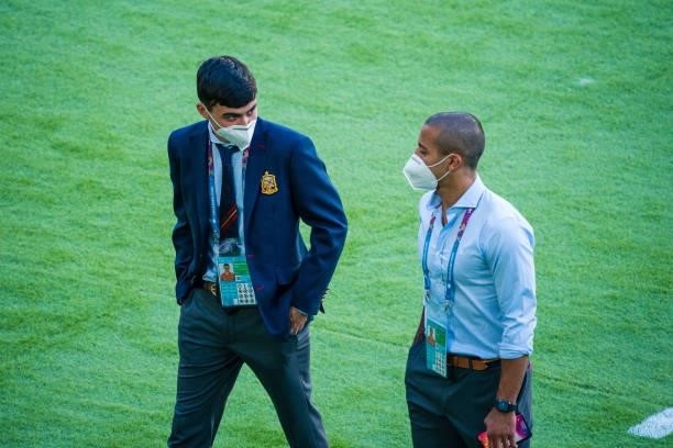 Pedri and Thiago Alcantara before the match between Spain and Sweden, corresponding to the Euro 2020, Group E, played at the La Cartuja Stadium, on...