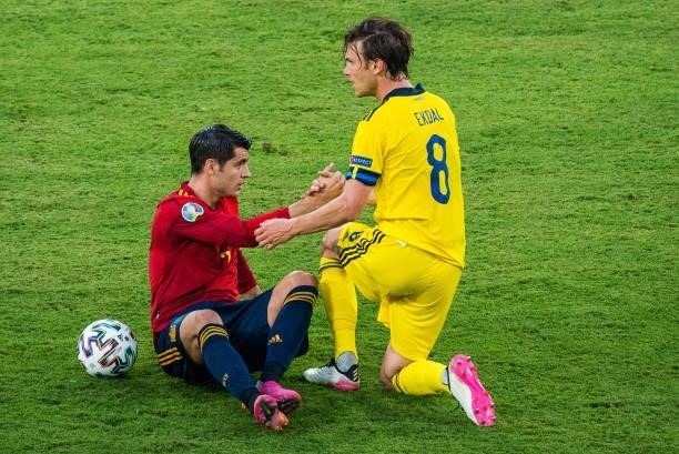 Alvaro Morata and Albin Ekdal during the match between Spain and Sweden, corresponding to the Euro 2020, Group E, played at the La Cartuja Stadium,...