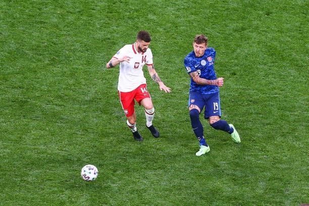 Mateusz Klich Juraj Kucka during the UEFA EURO 2020 Group E football match between Poland and Slovakia at the Saint Petersburg Stadium in Saint...