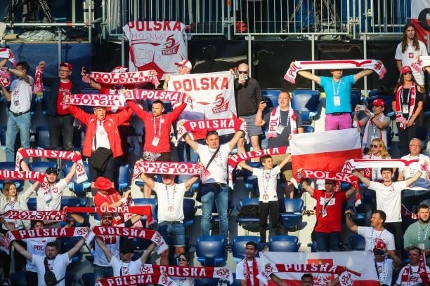 Polish fans during the UEFA EURO 2020 Group E football match between Poland and Slovakia at the Saint Petersburg Stadium in Saint Petersburg, Russia...