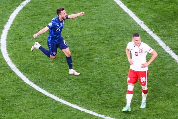 Jakub Hromada celebrates a goal during the UEFA EURO 2020 Group E football match between Poland and Slovakia at the Saint Petersburg Stadium in Saint...