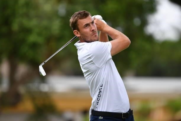 Ugo Coussaud of France tees off on the tenth hole during Day One of the Challenge de Espana at Iberostar Real Club de Golf Novo Sancti Petri on June...