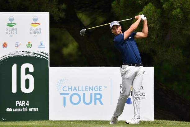 Federico Maccario of Italy tees off on the sixteen hole during Day One of the Challenge de Espana at Iberostar Real Club de Golf Novo Sancti Petri on...
