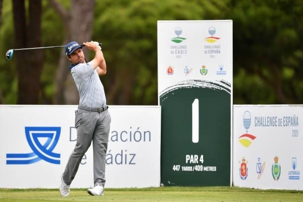 Alejandro Del Rey of Spain tees off on the first hole during Day One of the Challenge de Espana at Iberostar Real Club de Golf Novo Sancti Petri on...