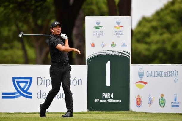 Ashun Wu of China tees off on the first hole during Day One of the Challenge de Espana at Iberostar Real Club de Golf Novo Sancti Petri on June 15,...