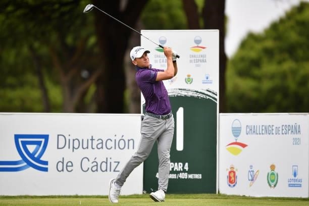 Tyler Koivisto of USA tees off on the first hole during Day One of the Challenge de Espana at Iberostar Real Club de Golf Novo Sancti Petri on June...