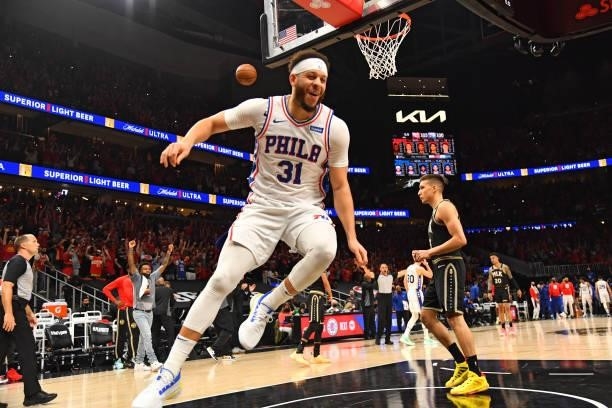 Seth Curry of the Philadelphia 76ers reacts after missing a three-pointer to tie the game against the Atlanta Hawks during Round 2, Game 4 of the...