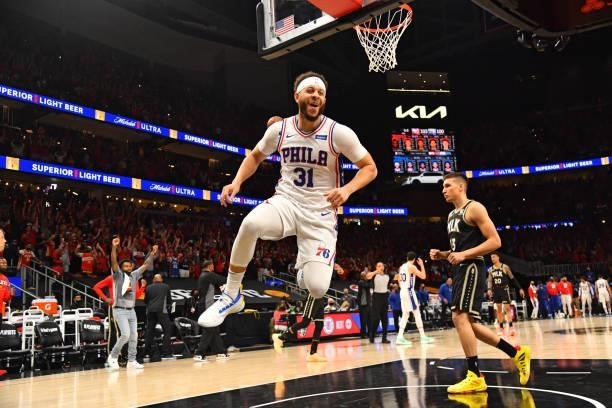 Seth Curry of the Philadelphia 76ers reacts after missing a three-pointer to tie the game against the Atlanta Hawks during Round 2, Game 4 of the...
